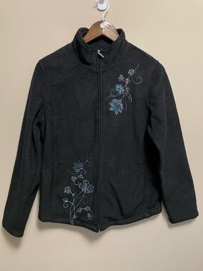 Northern Reflections Black Fleece Jacket Floral Embroidery Women’s Medium